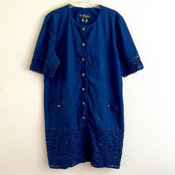 Vintage Dresses & Skirts - Vintage Roni Blanshay Montreal Women's Dress Short Sleeve Denim Blue Size 14